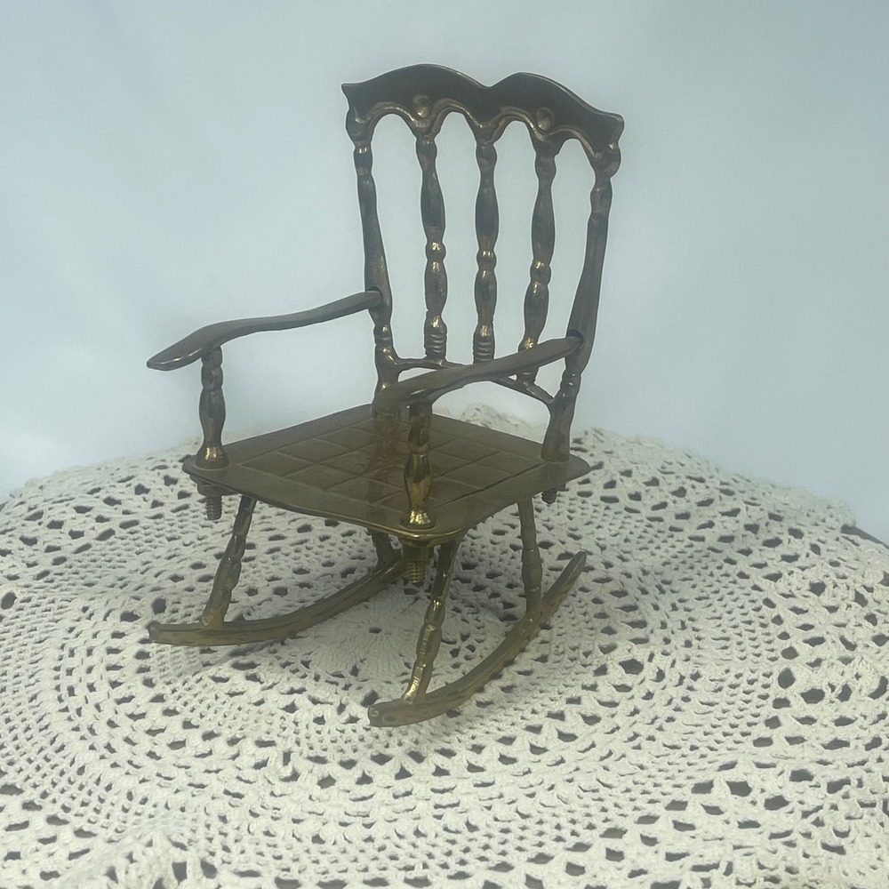 Vintage Solid Brass Miniature Rocking Chair 6" Spindle Back Collectible